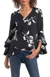 Vince Camuto Floral Print Trumpet Sleeve Top In Rich Black