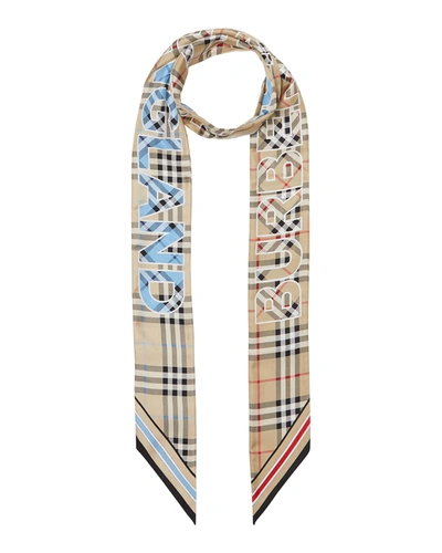 Burberry Vintage Check Logo Reversible Silk Skinny Scarf In Archive Beige