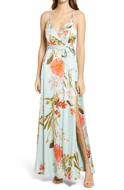 Lulus Still The One Floral Faux Wrap Gown In Sage Green Floral