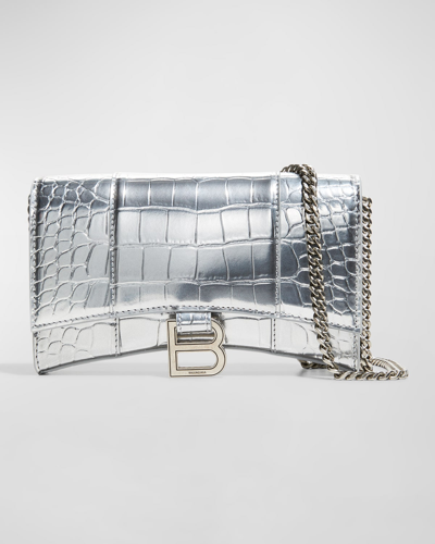 Balenciaga Hourglass Metallic Croc Embossed Leather Wallet On A Chain In 8110 Silver