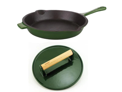 Berghoff Neo 2pc Cast Iron Set, 10" Fry Pan & Steak Press In Green