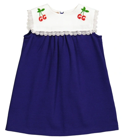 Gucci Baby Cotton Dress With Gg Cherries In Blue