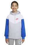 Nike Kids' Windrunner Water Resistant Hooded Jacket In Gray Fog/summit White/laser Blue