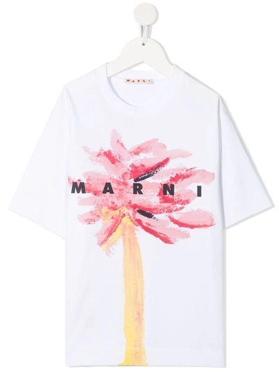 Marni Kids' White T-shirt For Girl With Flower In Pink