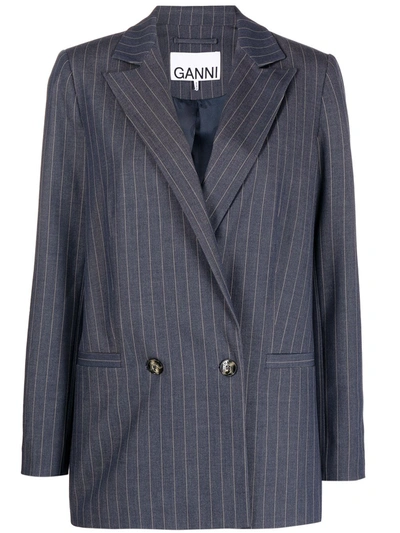 Ganni Oversized Double-breasted Pinstriped Twill Blazer In Grey