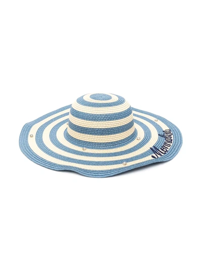 Monnalisa Kids' Crystal-embellished Striped Sun Hat In Blue
