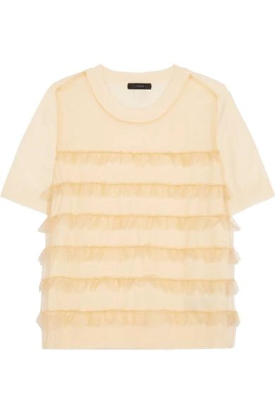 Jcrew Waverly Ruffled Tulle-paneled Merino Wool T-shirt In Cream