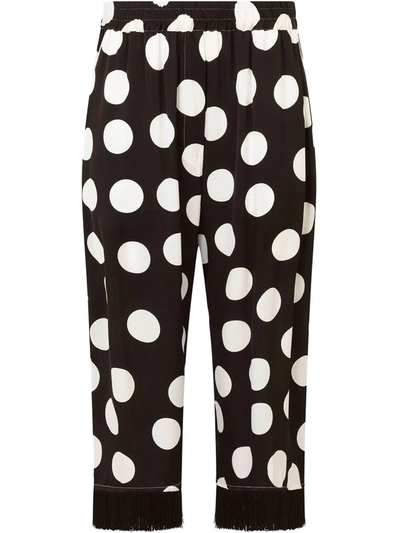 Dolce & Gabbana Polka-dot Print Charmeuse Pants With Fringing In Black