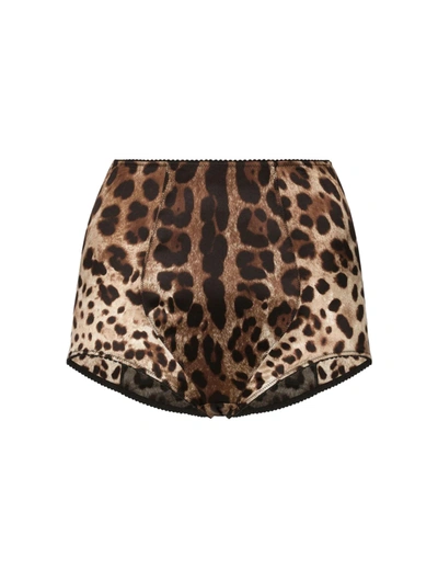 Dolce & Gabbana High-waisted Charmeuse Panties With Leopard Print In Multicolour