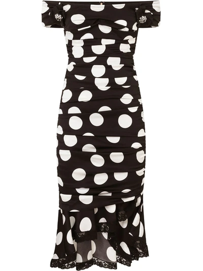 Dolce & Gabbana Calf-length Charmeuse Dress With Polka-dot Print In Azure