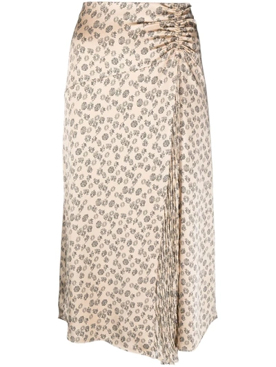 Vince Zinnia' Pleat Panel Ruch Detail Floral Satin Midi Skirt In Metallic,brown