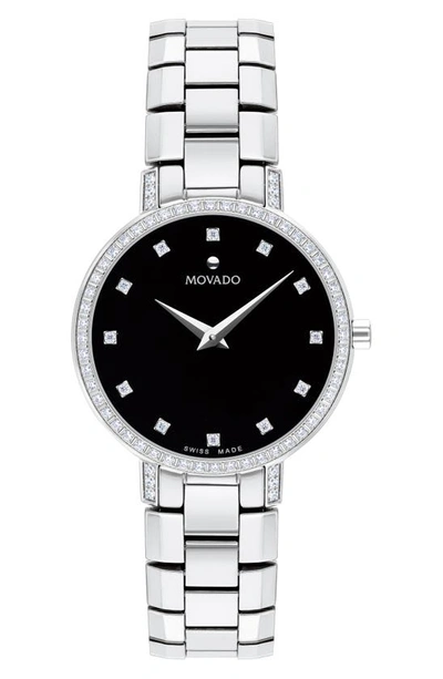 Movado Faceto Diamond Bracelet Watch, 28mm In Steel/black