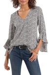 Vince Camuto Grove Imprints Flutter Sleeve Blouse In Black/ White