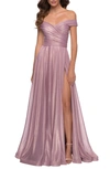 La Femme Iridescent Off The Shoulder Chiffon Gown In Pink