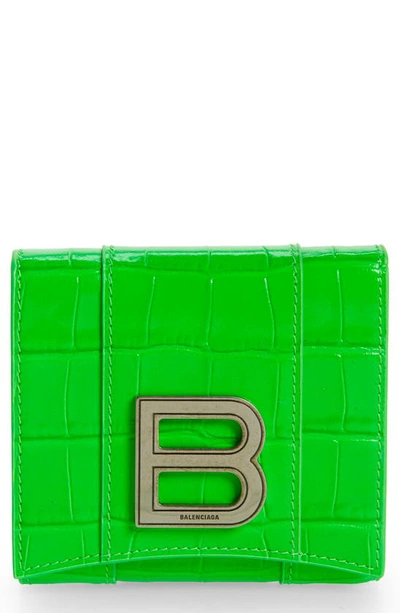 Balenciaga Hourglass Croc Embossed Leather Wallet In Fluo Green