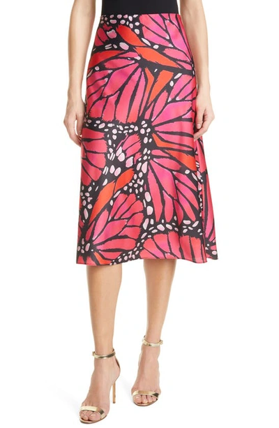 Milly Fion Graphic Butterfly Bias Cut Satin Skirt In Black/pomegranate