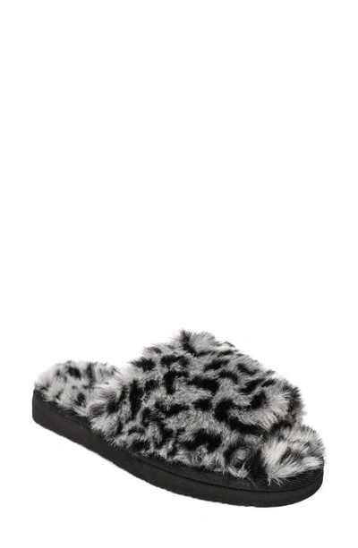 Minnetonka Faux Fur Slide Slipper In Grey Leopard Print