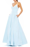 Mac Duggal V-neck Crepe Ballgown In Powder Blue