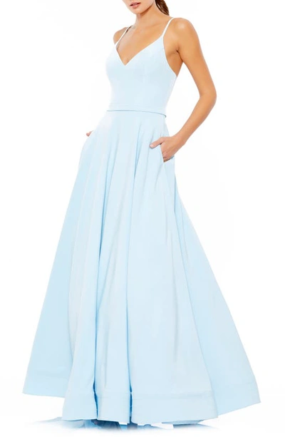Mac Duggal V-neck Crepe Ballgown In Powder Blue