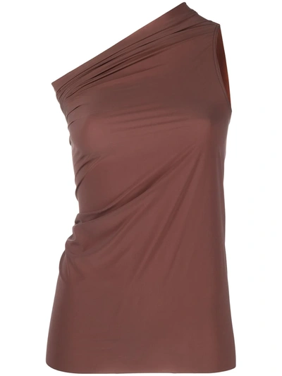 Rick Owens One-shoulder Shirred Tank Top In Brown