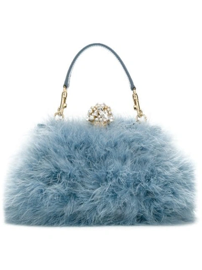 Dolce & Gabbana Vanda Feather Clutch With Bejeweled Appliqué In Blue