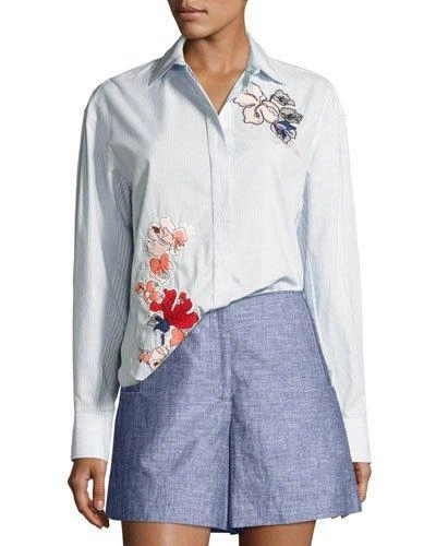 Grey Jason Wu Striped Cotton Button-down Shirt W/ Floral Embroidery, Baby Blue Multi