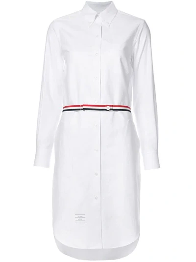 Thom Browne Stripe Belt Cotton Oxford Shirt Dress In White