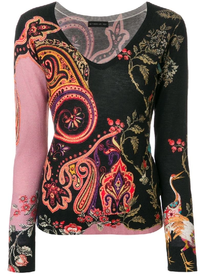 Etro Floral Paisley Silk-cashmere V-neck Sweater, Black In Multicolor