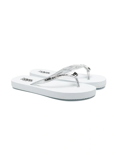 Karl Lagerfeld Teen Glittered Logo-print Flip Flops In White