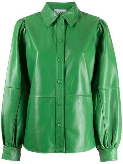 Ganni Panelled Puff Sleeve Shirt In Kelly Green