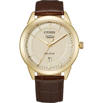 Citizen Eco-drive Men's Corso Brown Leather Strap Watch 40mm In Brown / Champagne / Gold Tone