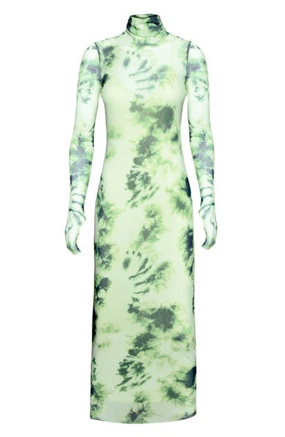 Afrm Shailene Sheer Long Sleeve Dress In Lime Green Tie Dye
