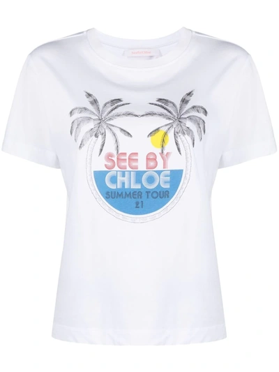 See By Chloé Graphic-print Cotton-jersey T-shirt In White,blue,red