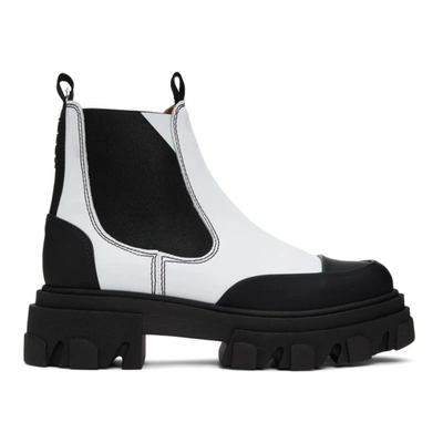 Ganni White & Black Leather Low Chelsea Boots In Brazilian Sand