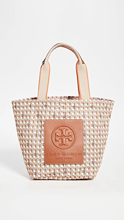 Tory Burch Basket Weave Printed Small Tote In Orange Caning Logo Geo