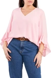 Vince Camuto Flutter Sleeve Crossover Georgette Tunic Top In Pink Iris
