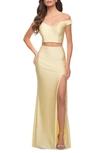 La Femme Sequin Satin Off The Shoulder Two-piece Gown In Pale Yellow