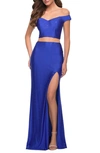 La Femme Sequin Satin Off The Shoulder Two-piece Gown In Royal Blue