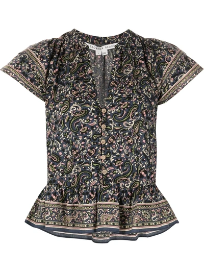 Veronica Beard Mahia Paisley Flounce Sleeve Cotton Blouse In Navy/pink