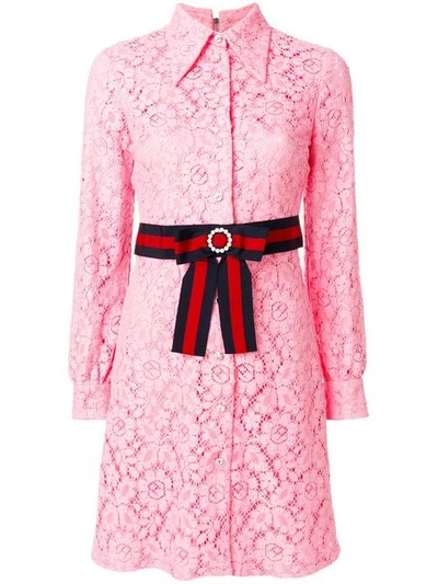 Gucci Cluny Lace Dress With Web Waistband, Pink