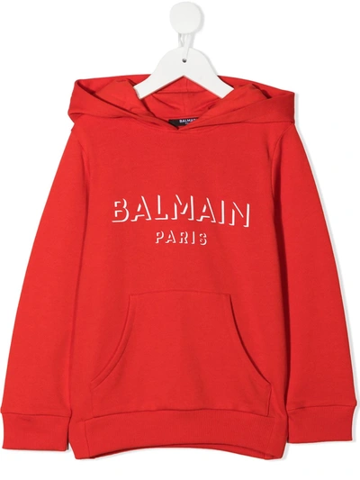 Balmain Kids' Logo Print Cotton Sweatshirt Hoodie In Red