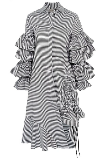 Preen By Thornton Bregazzi Shona Ruffled Striped Cotton Shirt Dress In Black Stripe