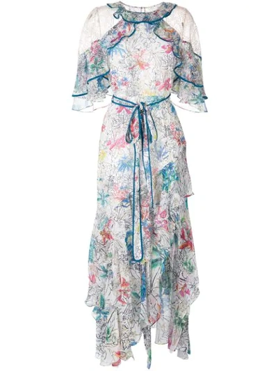 Peter Pilotto Asymmetric Lace-panelled Ruffled Printed Silk-chiffon Gown In White