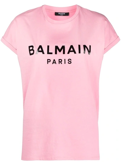 Balmain Logo-print Rolled Sleeve T-shirt In Pink