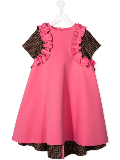 Fendi Kids' Girl's Short-sleeve Logo Ruffle A-line Dress In Pink