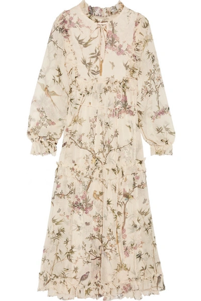 Zimmermann Maples Frill Ruffled Printed Crinkled Silk-georgette Midi Dress In Cream Floral
