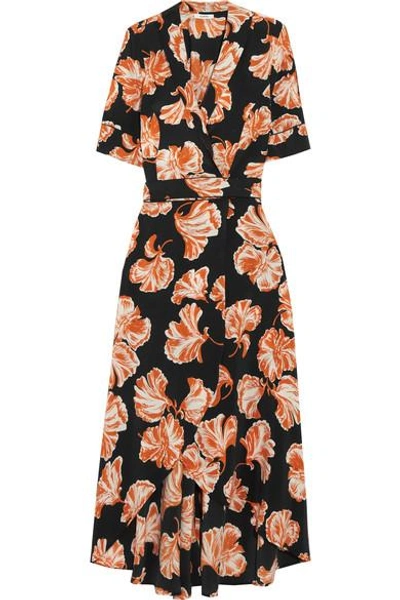 Ganni Geroux Floral-print Silk Crepe De Chine Wrap Dress In Llack