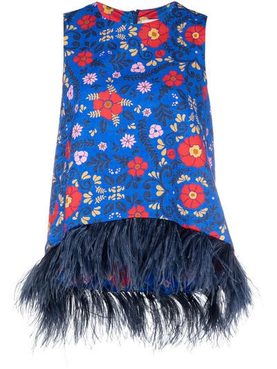 La Doublej La Scala Sleeveless Top W/feathers In Blue
