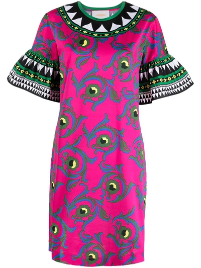 La Doublej Flared Sleeve Floral Print Dress In Cartwheel Fuxia