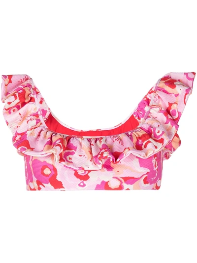 La Doublej Edition 24 Floral-print Ruffle Bikini Top In Peonia Rosa